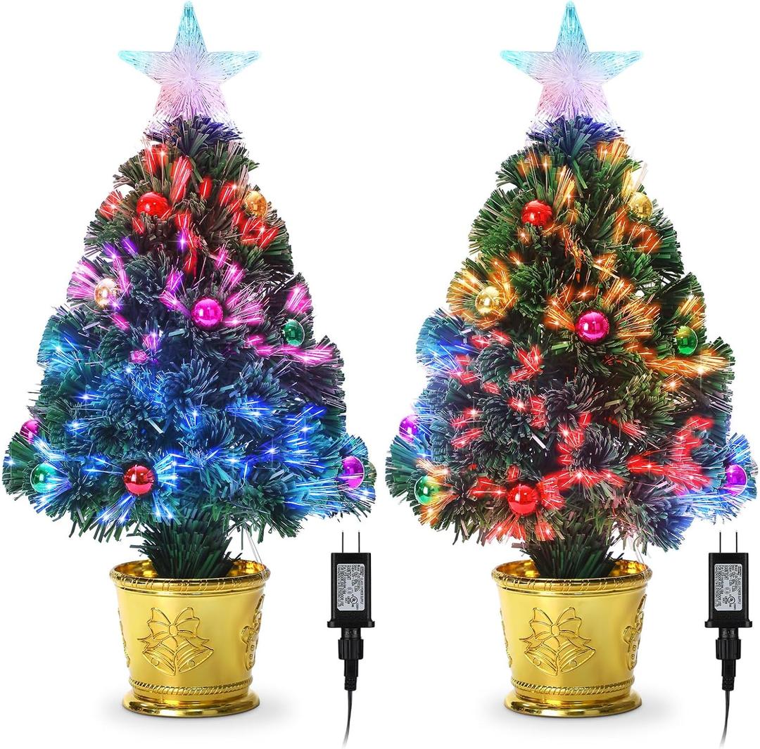 ShinyRelief 2 Pack 24 Inch Green Fiber Optic Christmas Tree Tabletop Decor Small Artificial Prelit Xmas Tree with Topper Star Ball Ornaments for Christmas Desktop Mantle Table Decoration Supplies