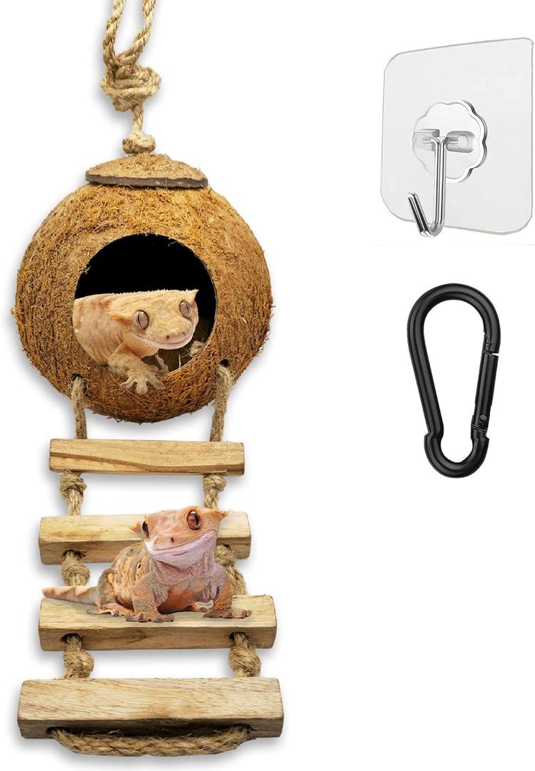 Leopard & Crested Gecko Coconut Cave Reptile Hide with Ladder, Snake Natural Coco Shell Hut Hideout, Terrarium Tank Decor Accessories, Hamster Climbing Toy, with Sticky Wall & Carabiner Hook