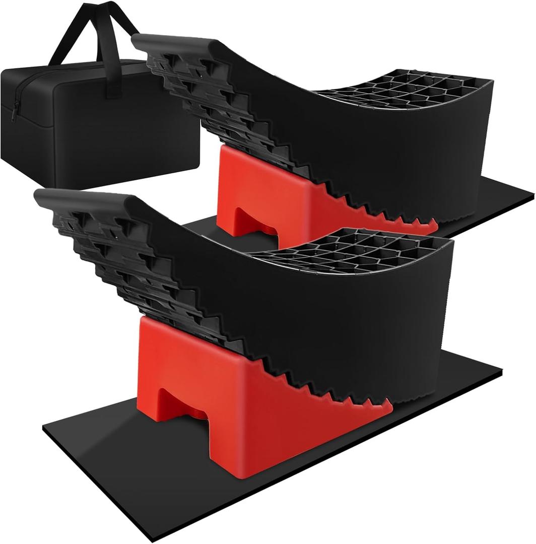 HOXWELL Leveling Blocks for RV, 2 Packs Camper Leveling Blocks System with Anti-Slip Mat, Lift Up to 6.3" Car Ramp for Changing Tires with Carry Bag, Fits Heavy Duty Dual Axle Travel Trailer RV Camper