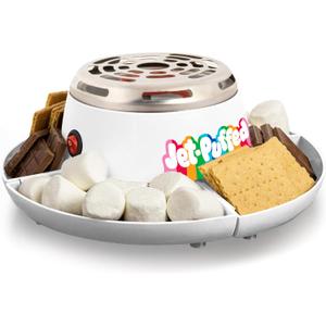 Nostalgia Jet-Puffed Tabletop Indoor Electric S'mores Maker - Smores Kit With Marshmallow Roasting Sticks and 4 Compartment Trays for Graham Crackers, Chocolate, Marshmallows - White