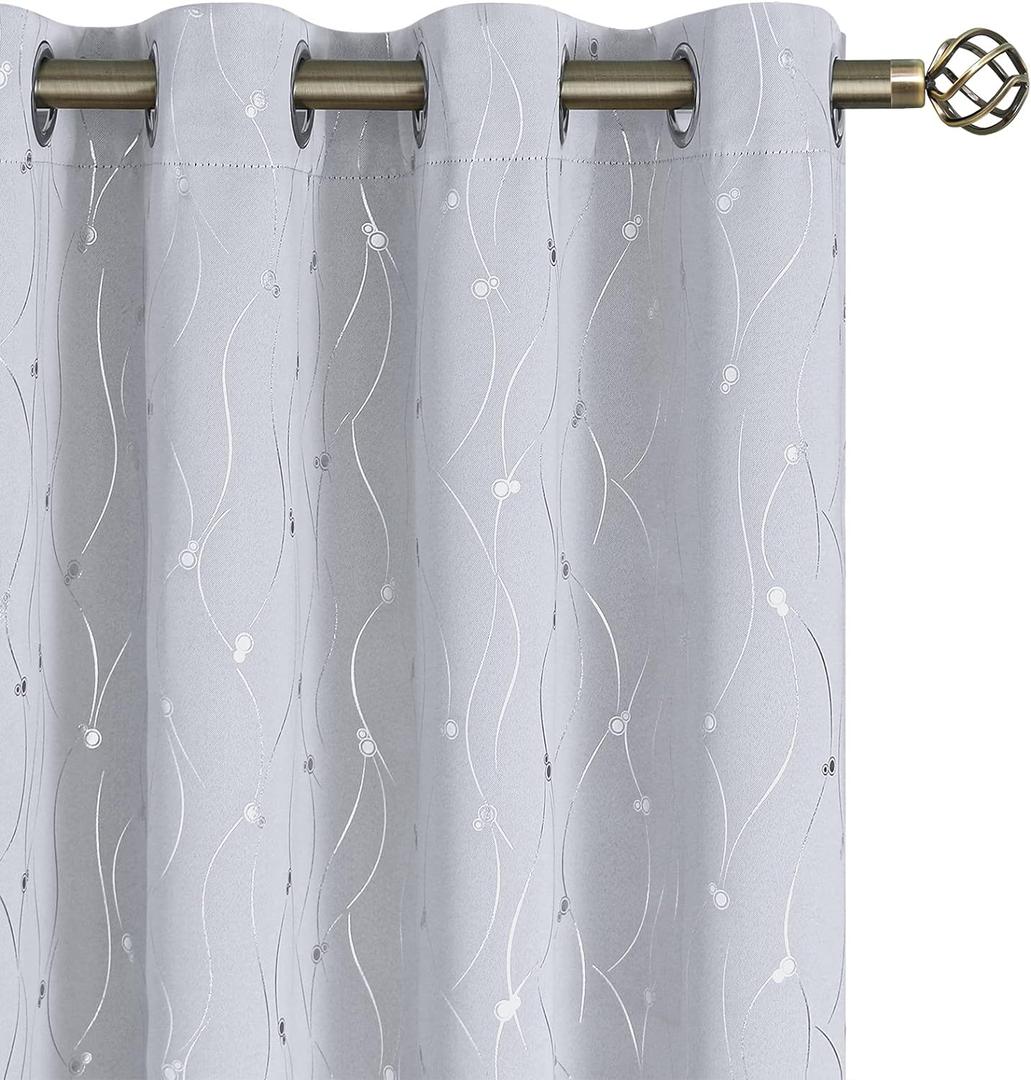 BGment White Curtains 54 Inch Length 2 Panels Set Grommet Thermal Insulated Room Darkening Window Curtains with Wave Line and Dots Printed for Bedroom, 52 x 54 Inch, Greyish White