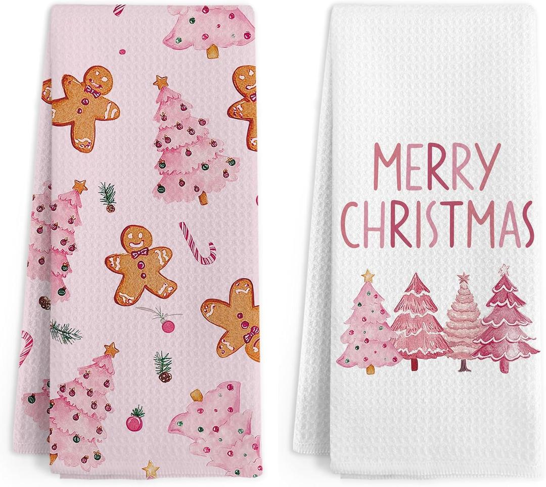 Gnmduw Pink Christmas Tree Gingerbread Kitchen Towels, Merry Christmas Hand Towels Set of 2, Winter Xmas Trees Hand Dish Tea Towel for Kitchen Bathroom Decorations, Gingerbread Kitchen Decor, 16x24 In