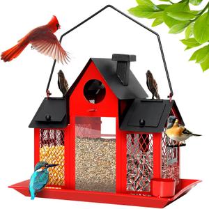 Solar Bird Feeders House for Outdoors Hanging, 7LBS Large Capacity Metal Wild Bird Feeder Squirrel Proof for Outside with Water Cup, Cardinal Birdfeeder Birdhouses Gift for Bird Lovers (Red)