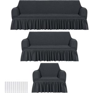 3 Pcs Sofa Slipcover Set for Couch Cushion Durable Washable High Elastic Stretchable Furniture Couch Covers with Skirt for Sofa Loveseat Arm Chair(Dark Gray, Seersucker)
