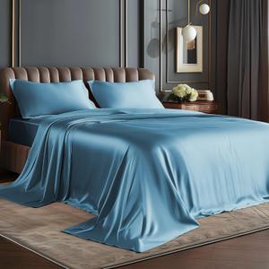 BEDELITE King Size Sheets Set, Luxury Soft Airy Blue Satin Sheets for Hair and Skin, Similar to Silk Bed Sheets Set 4 Pieces with 1 Deep Pocket Fitted Sheet, 1 Flat Sheet, and 2 Pillowcases
