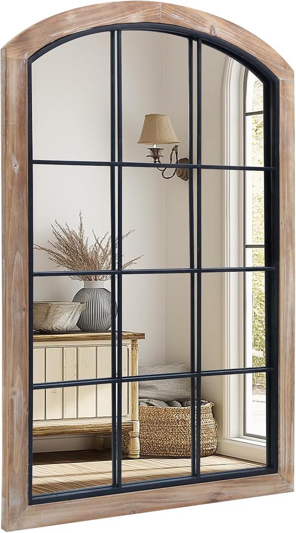 Farmhouse Arch Wood Window Mirror, 24X36 Decorative Arch Wall Mirror, Wood Framed Rustic Mirror Metal Inner Frame Wall Decor for Entryway & Living Room,Natural