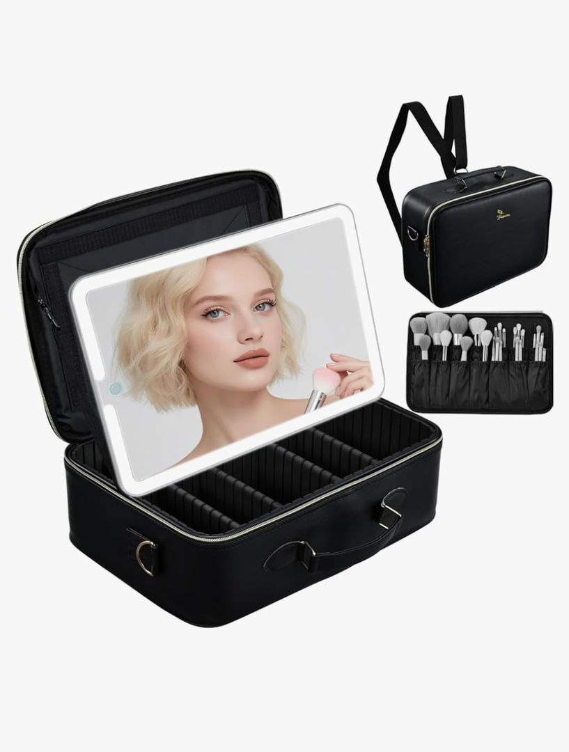 Large Makeup Bag with LED Mirror, Travel Cosmetic Train Case for Makeup Artists, Makeup Organizer Case with Divider Rechargeable Vanity Mirror with 3 Color Lights for Barber, MUA, Nail Tech, Black
