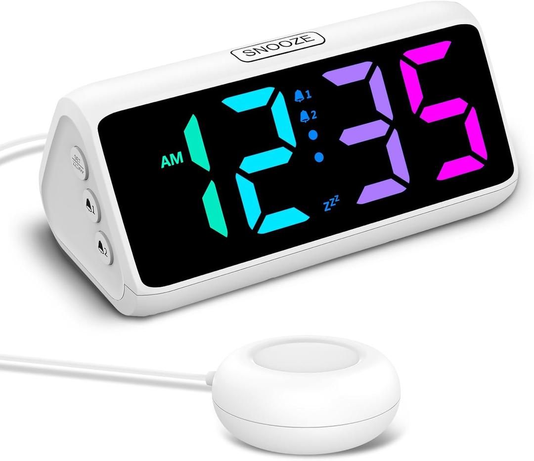 Netzu Loud Alarm Clock for Heavy Sleepers, Plug-in RGB Vibrating Alarm Clocks with Bed Shaker, 5 Dimmers, 2 Alarms and Snooze for Bedrooms Hearing Impaired Deaf Adults (White)