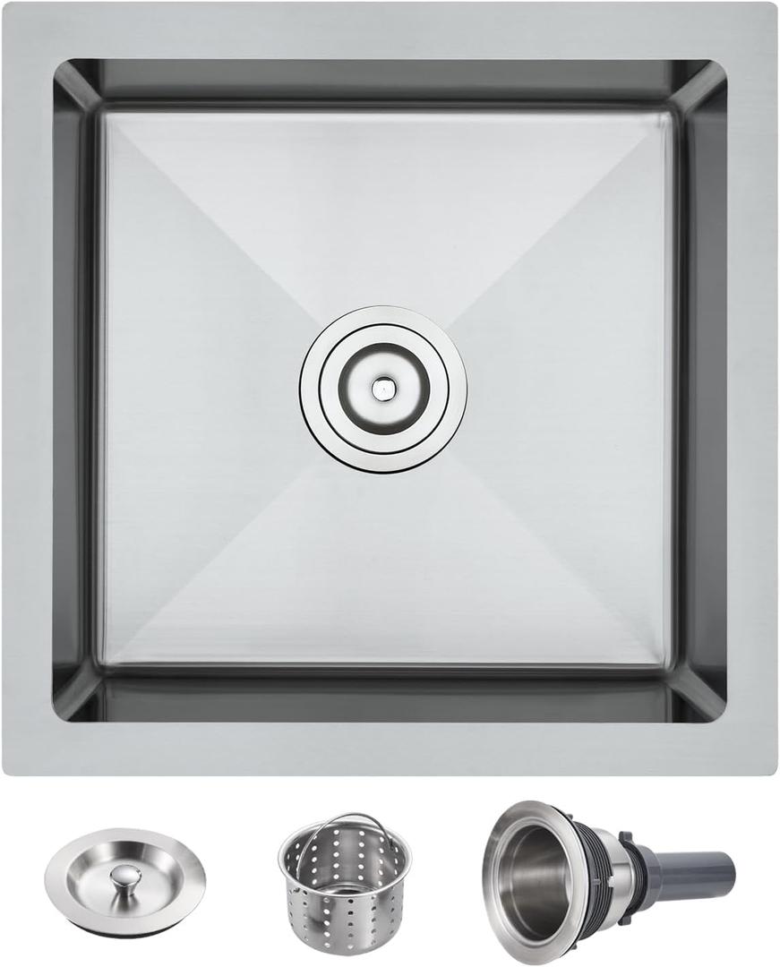 POPFLY 18 x 18 Inch Undermount Kitchen Sinks, Stainless Steel Single Bowl 9 Inches Deep Utility Small Bar or Prep Sinks, Brushed Nickel Laundry Room Sink18189