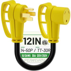 POWGRN 50 Amp to 30 Amp RV Adapter 12 inch, Heavy Duty Extension Cord 10/3 Gauge RV Electrical Adapter, NEMA 14-50P Male to NEMA TT-30R Female, STW 30AWG 30A 125V 3750W, Black-Yellow, ETL Listed