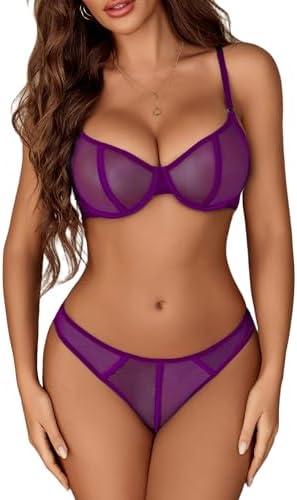 Avidlove Lingerie for Women Mesh Lace Bra and Panty Set 2 Piece Underwire Bralette Set Strappy Babydoll Bodysuit, Size XL