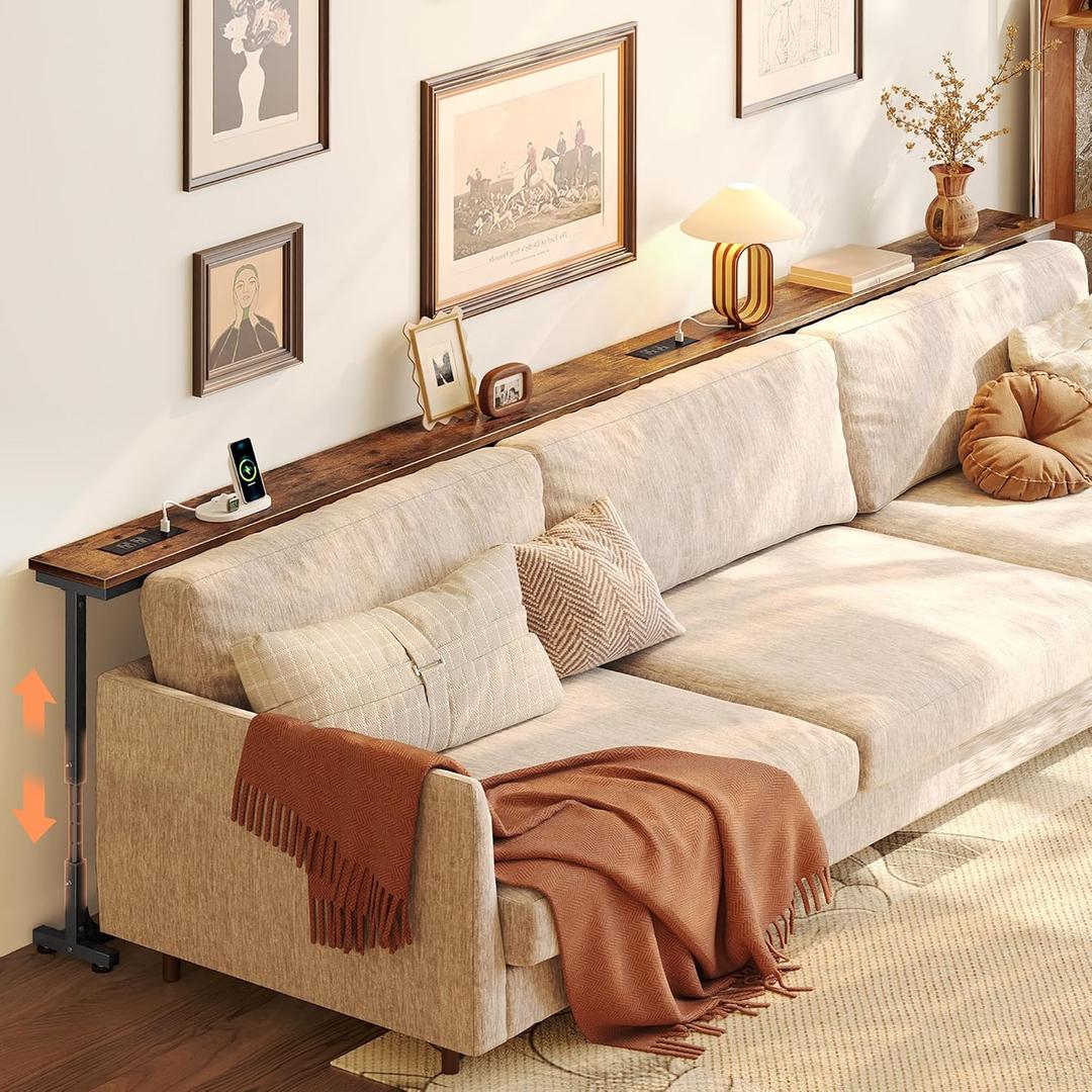 Huuger 102.4 Inch Behind Couch Table with Power Outlets, 23.9-34.4 Height Adjustable Range, Sofa Tables Narrow Long with USB-C Ports, Extra-Long Slim Console Table, for Small Spaces, Rustic Brown