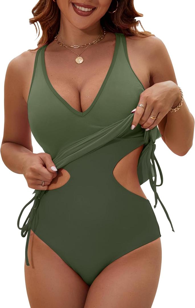 BMJL Womens Sexy One Piece Swimsuit Mesh Tummy Control Bathing Suit V Neck Cut Out Adjustable Straps Swimwear(Army Green, XL)