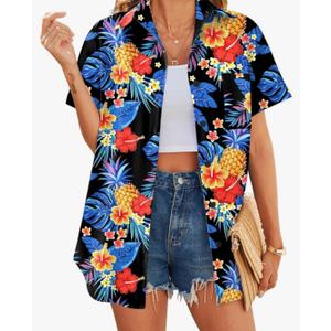 HOTOUCH Hawaiian Shirts for Women Summer Short Sleeve Button Down Blouses Cool Tropical Tops Beach Vacation Clothes, Small