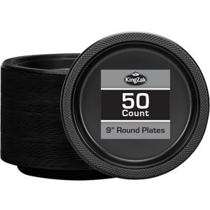 Black Plastic Plates 9 Inch - 50 count - Plastic Solid Round Party Plates For Weddings, BBQs, Birthday Plates - Disposable Black Plates - Plastic Dessert Plates