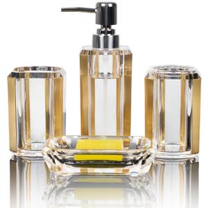 4-Piece Gold Bathroom Accessories Set  Soap Dispenser, Soap Dish, Mouthwash Cup & Toothbrush Holder, Acrylic with Brushed Gold Accent, Luxury Bathroom Vanity Countertop Organizer for Home