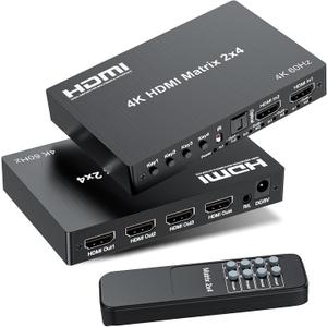 4K 2x4 HDMI Matrix Switch, 2 in 4 Out Matrix HDMI 2.0 Video Switcher Splitter, Optical & 3.5mm Audio Output, Support 4K 60Hz HDR HDCP2.2, 18Gbps, with IR Remote Control for NS PS5 Fire Stick etc