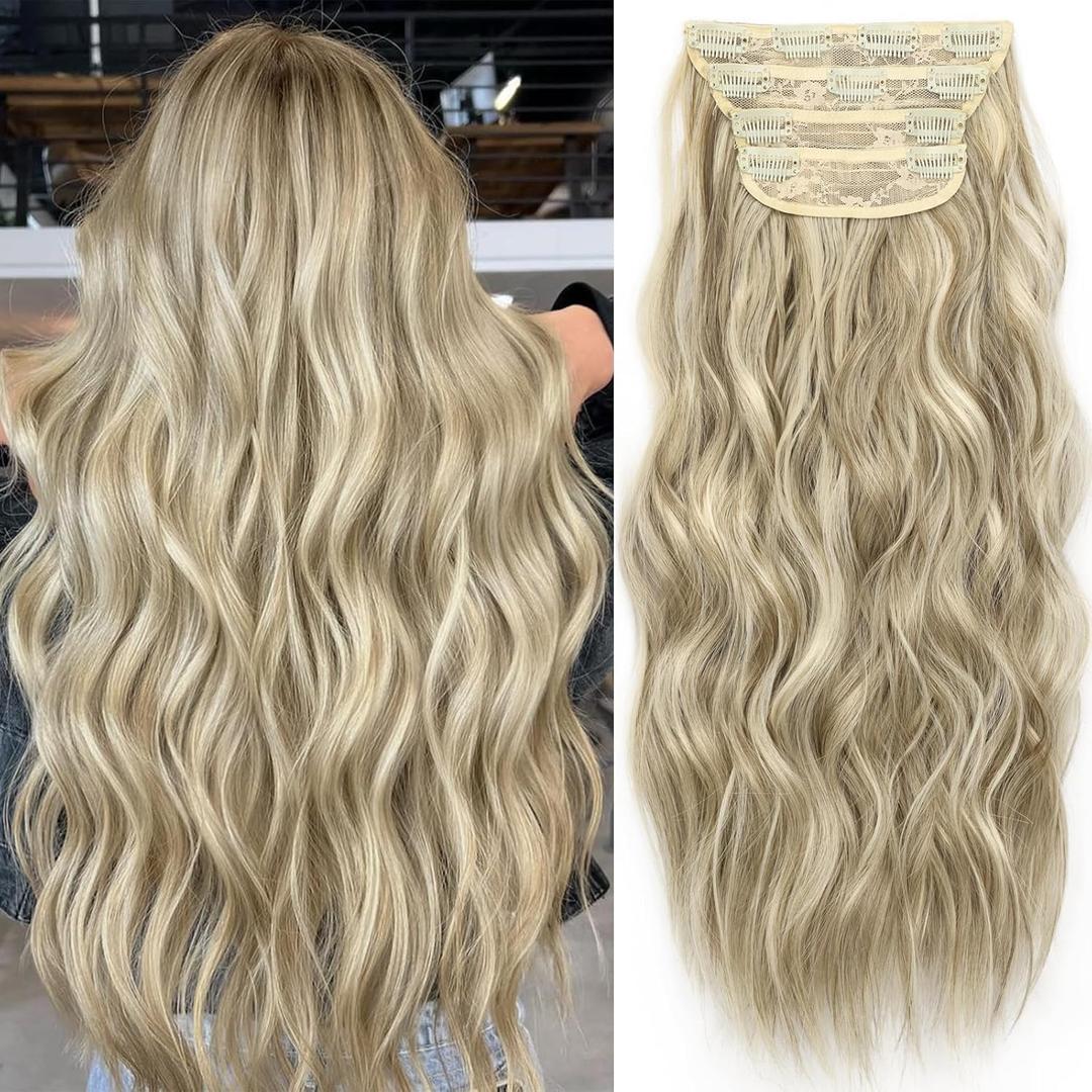KooKaStyle Clip in Synthetic Highlight Hair Extensions Long Wavy 4PCS Thick Hairpieces Ashy Beige Blonde Balayage Fiber Double Weft Natural Hair Extensions 20 Inch for Women