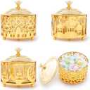 BruinBang 4 Pcs Eid Mubarak Plates with Lids Metal Gold Moon Castle Star Arabesque Ramadan Serving Tray, Food Container for Cookie Candy Pastry Dessert, Ramadan Decorations Table Display Set