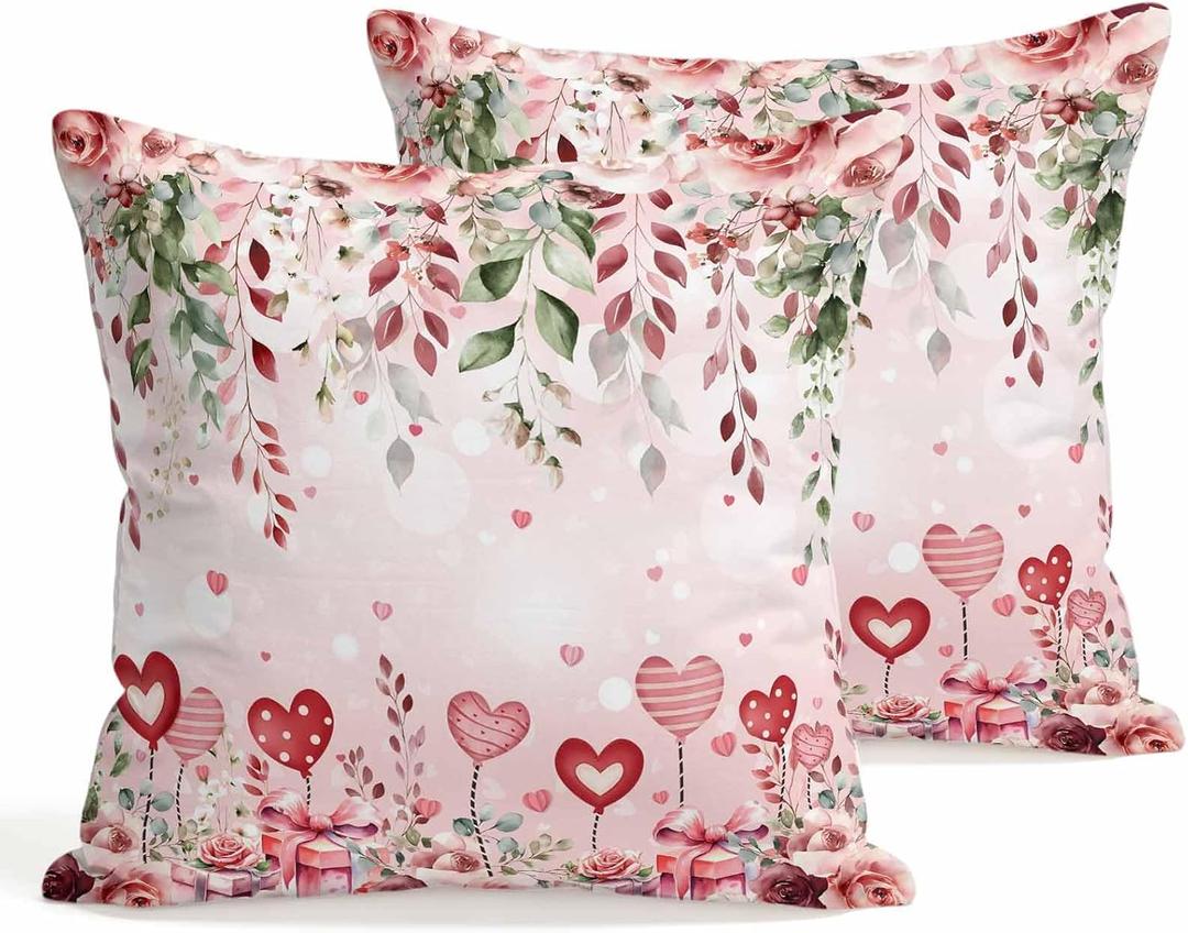 Valentine's Day Pillow Covers 18x18 Inch Set of 2 Love Throw Pillow Cover Decorative Pillowcase Pink Rose Eucalyptus Leaves Pillow Cases for Couch Sofa Bedroom Chair Party Square Cushion Covers