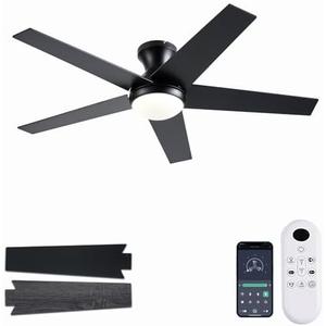 Ayaoty Ceiling Fans with Lights, 48 inch Low Profile Ceiling Fan with Light and Remote Control, Flush Mount, Reversible Motor, Dimmable, Noiseless, Black Ceiling Fan for Bedroom, Indoor/Outdoor Use