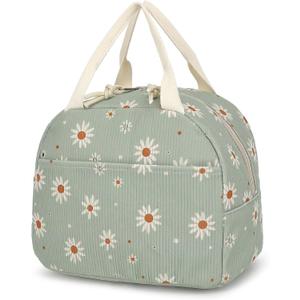Corduroy Lunch Bag for Women Girls Lunch Tote Bags Reusable Insulated Lunch Box for Work Picnic School Travel (Green Corduroy - Daisy)