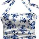 Women's Floral Print Halter Crop Top Summer Ruched Tie Backless Sleeveless Boho Tank Tops (XS)