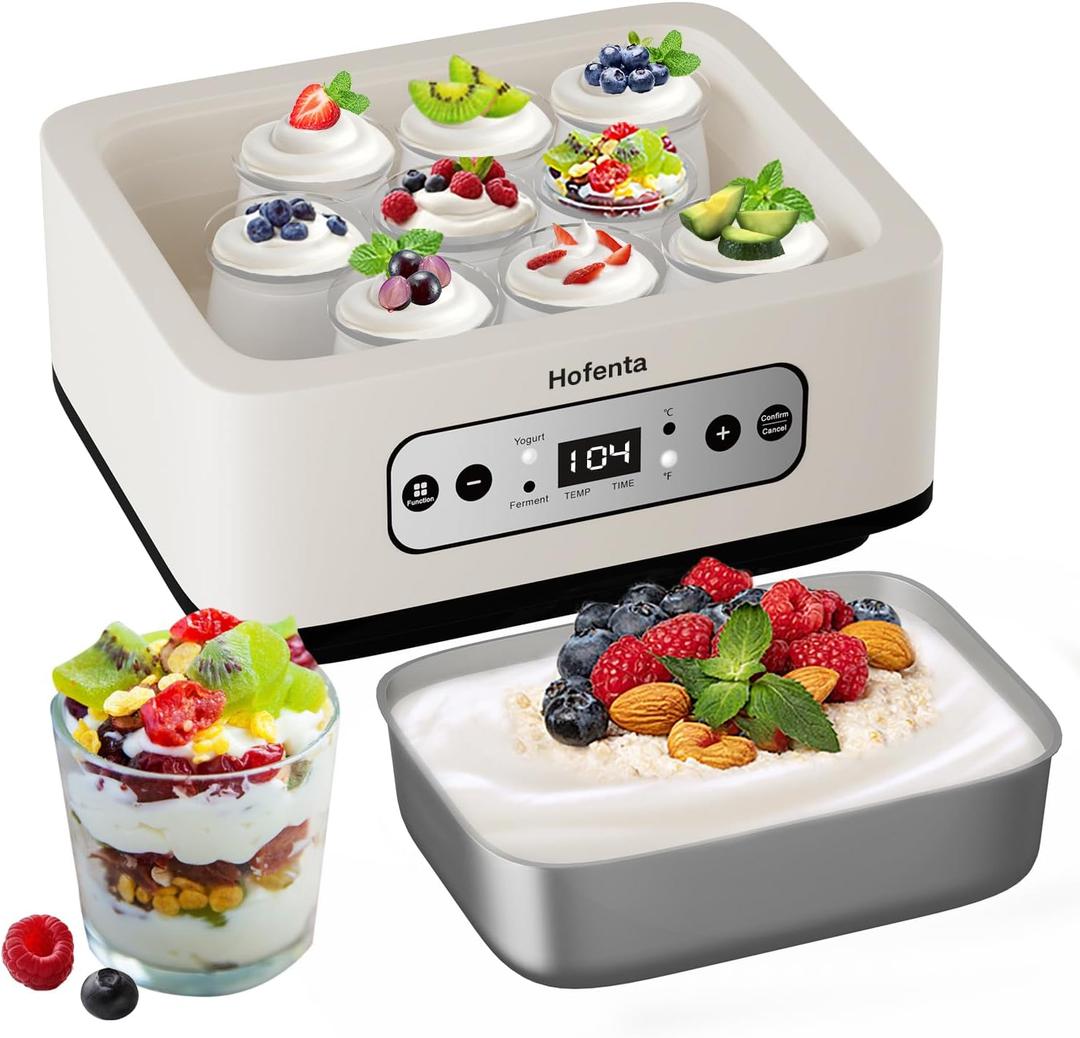 1.7 Quart Yogurt Maker with Stainless Steel Bowl, 9 Glass Jars, Digital Timer, Temperature Control, BPA-Free, Easy-to-Use, Family-Sized for Homemade Probiotic Yogurt, Dishwasher Safe