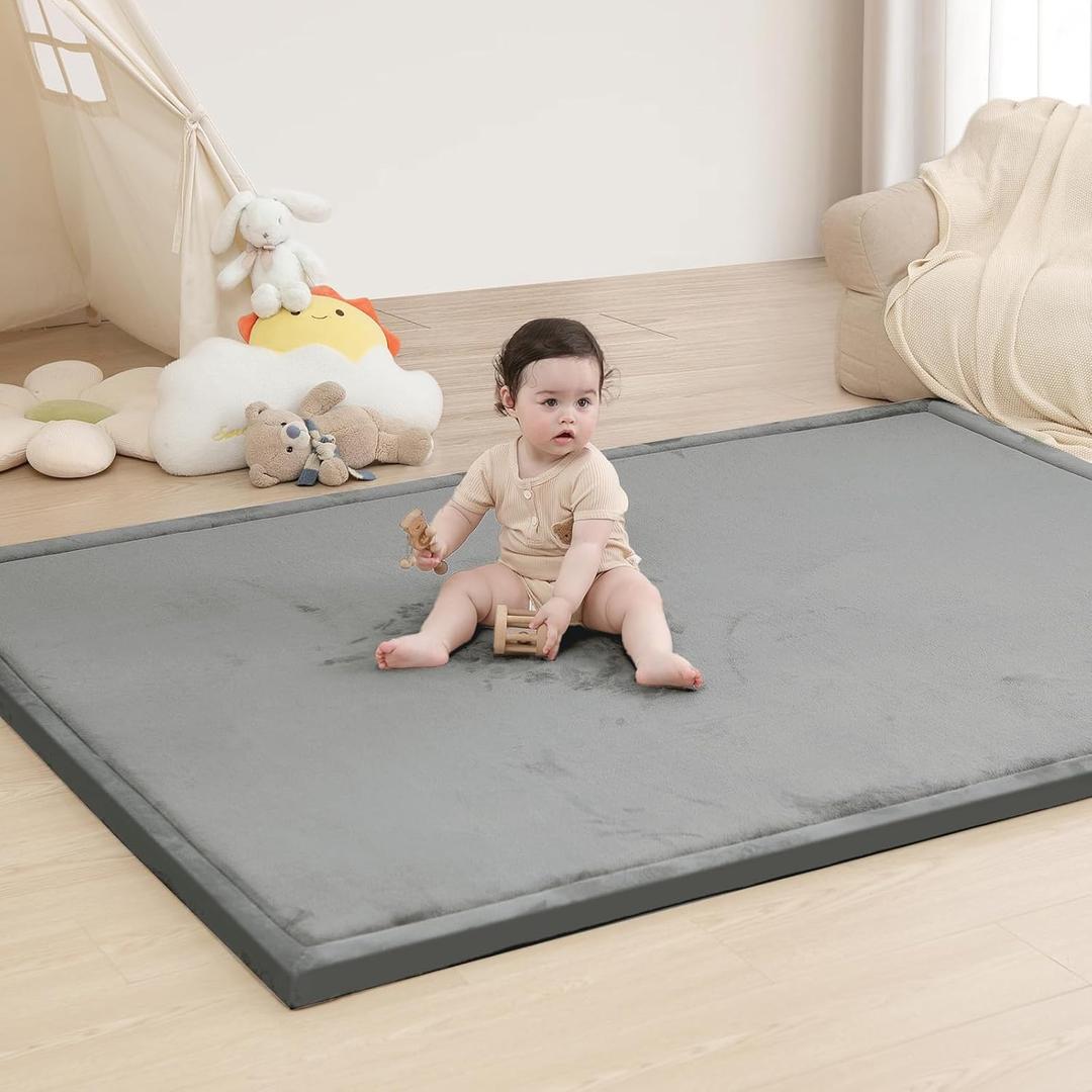 Baby Play Mat for Floor,1.3" Thick Memory foam Tummy Time Mat,Water Repellent Soft Velvet Nursery Rug,Extra Large Non Slip for Crawling,Toddlers,Infants,kids,Tatami Style for Living Room, Dark Grey, 59"×71"×1.3"