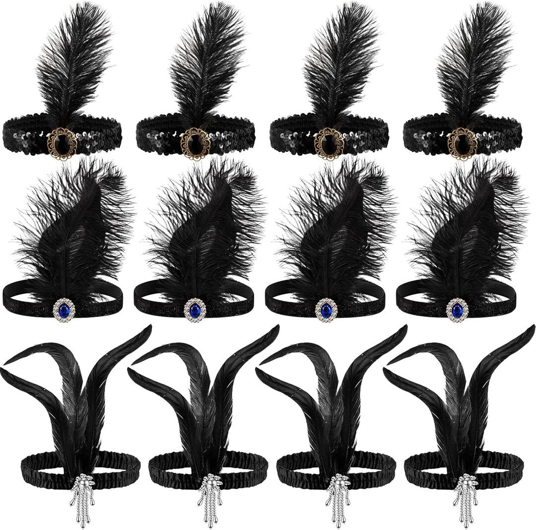 Seematn 12 Pcs 1920s Flapper Headband Flapper Headpiece 1920s Accessories Feather Headband for 20s Theme Party Carnival (Black)