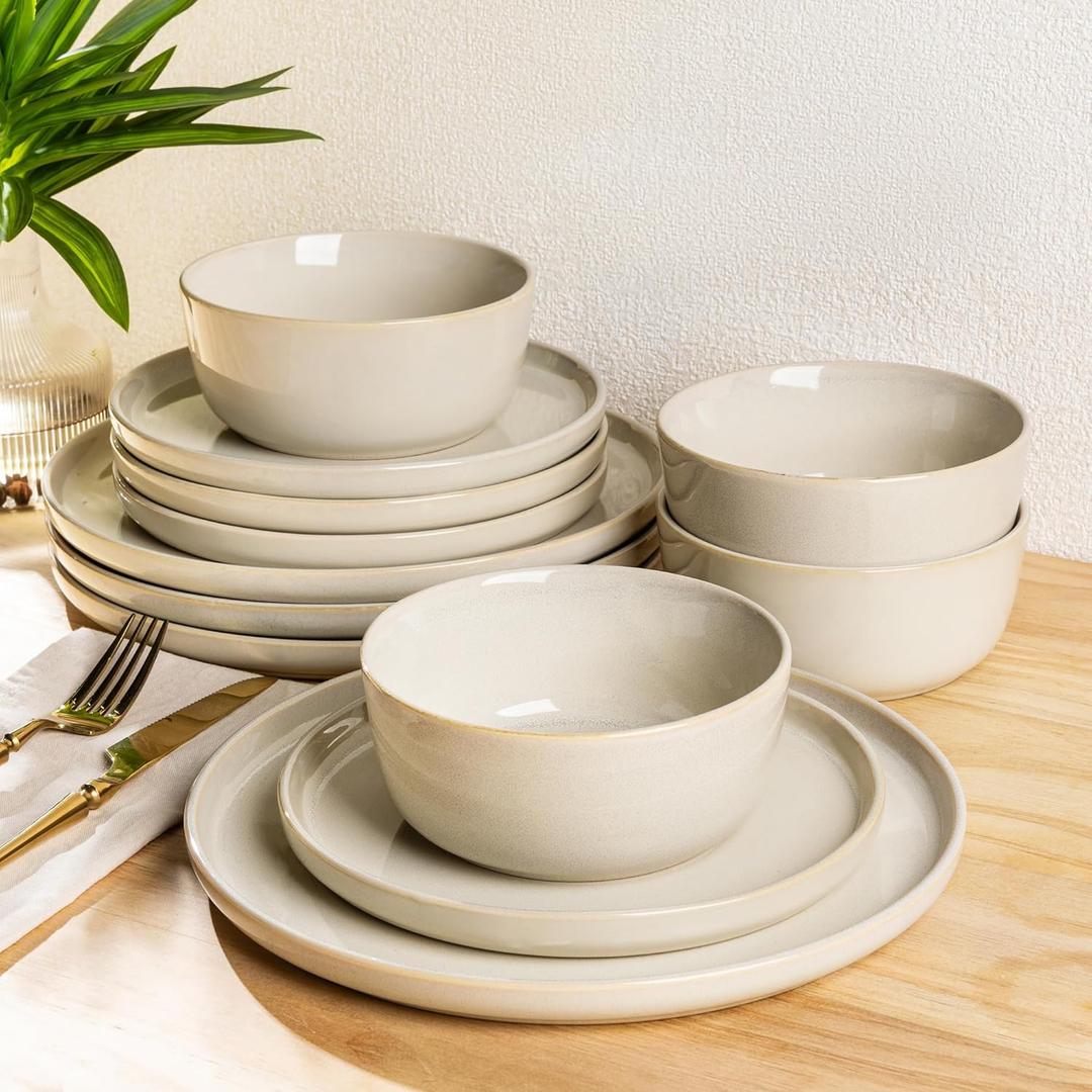 AmorArc Stoneware Dinnerware Sets,Round Reactive Glaze Plates and Bowls Set,Highly Scratch Resistant | Dishwasher & Microwave Safe,Dishes Service for 6 (18pc) (Pearled Ivory)