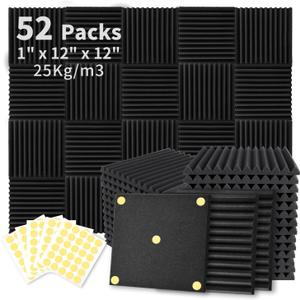 Focusound 52 Pack Acoustic Foam Panels 1" x 12" x 12" Sound Proof Foam Panels Soundproofing Noise Cancelling Wedge Panels for Home Office Recoding Studio with 300PCS Double-Side Adhesive