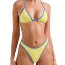 SUUKSESS Women Sexy Thong String Two Piece Bikini Sets Triangle Cheeky Halter Swimsuits Color Block Bathing Suits(Yellow Blue,M)