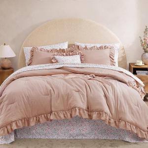 BLOOMHAVEN King Comforter Set - 7 Pieces Ruffle Pink Bedding Sets, Shabby Chic Farmhouse Bed in a Bag King with Ruffle Comforter, Floral Sheets, Pillowcases & Shams