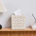 Sand Stone Tissue Box Cover – Ribbed Square Resin Tissue Box Holder – Heavy Duty Decorative Home & Bathroom Decor for Countertop, Tabletop, Night Stand, Office – Beige
