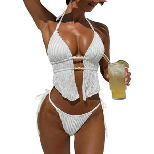 ZAFUL Halter Swimsuits for Women Textured Backless 2 Piece Bathing Suits Cheeky High Cut String Tie Side Bikini Sets, Large