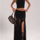 Verdusa Women's Sheer Mesh Pleated Maxi Skirt Split Thigh Asymmetrical Bodycon Long Skirts (Black, S)