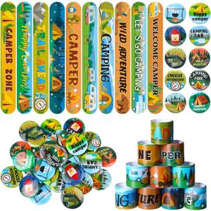 Junkin 60 Pcs Camping Slap Bracelets Camping Party Decorations Camper Badge Camper Party Gifts Wristbands Pin for Kids Boys Classroom Birthday Decoration Forest Adventure Decor