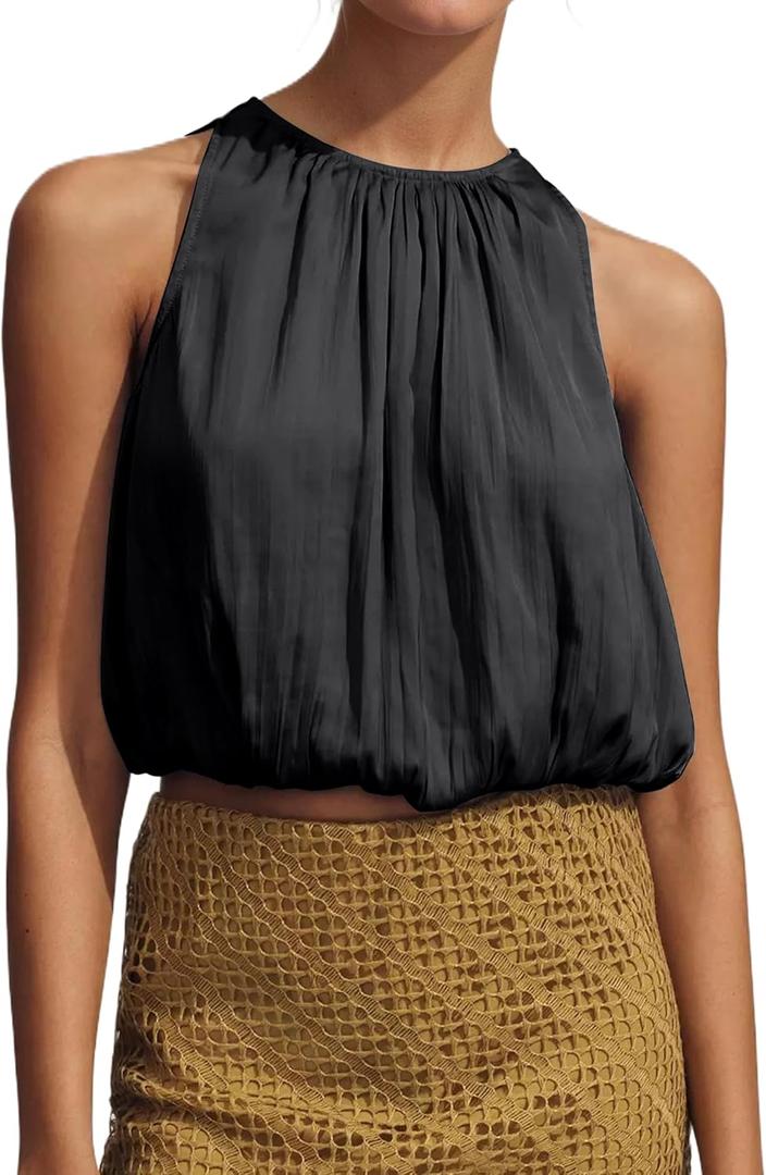 Ythomm Womens Halter Crop Bubble Tops Summer Sleeveless Crewneck Puffy Hem Cropped Tank Tops Fitted Cute Going Out Shirt Top (Large, Black)