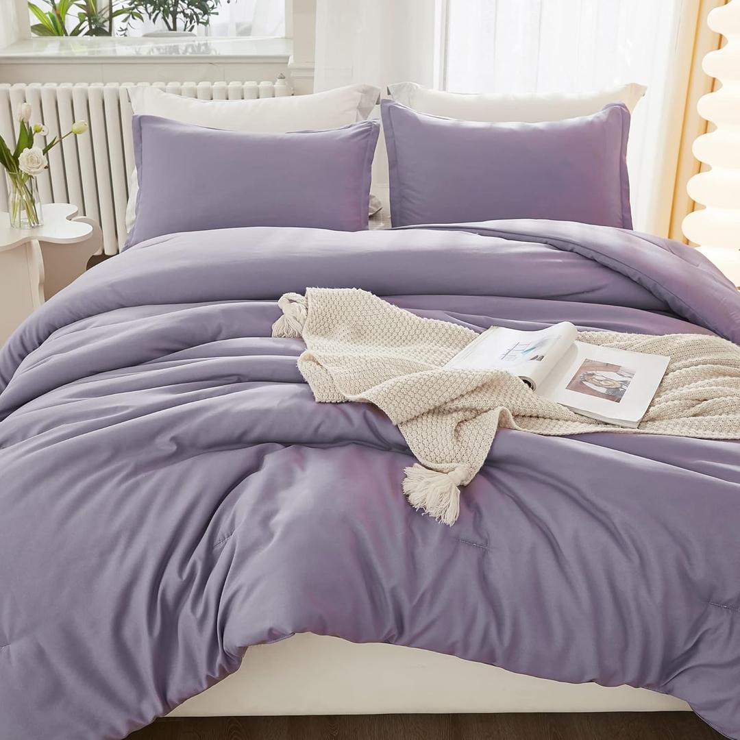Litanika Grayish Lavender Purple Comforter Set King Size, 3 Pieces Lightweight Solid Bedding Comforter Set, All Season Fluffy Bed Set (104x90In Comforter & 2 Pillowcases)