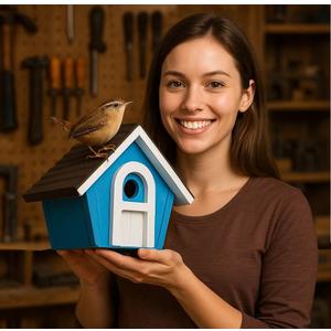 Cottage Bird House For Outside - Water Proof Cabin Birdhouse for Outdoor - Wren House for Outdoor - Weather Proof Squirrel Proof Metal Roof Protected - Easy Cleaning Wall Mountable (Blue White) (La Maison B)