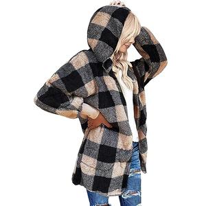 LookbookStore Womens Cardigan 2026 Winter Oversized Open Front Fleece Hooded Draped Pockets Jacket Coats Black Apricot Plaid Large