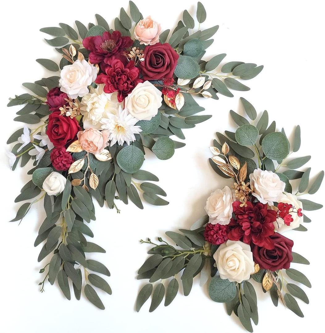 Faux Flower Swag Set of 2 for Wedding Welcome Signs Floral Swag Wedding Reception Ceremony Signs Decor (Red) (Burgundy Red & Cream)