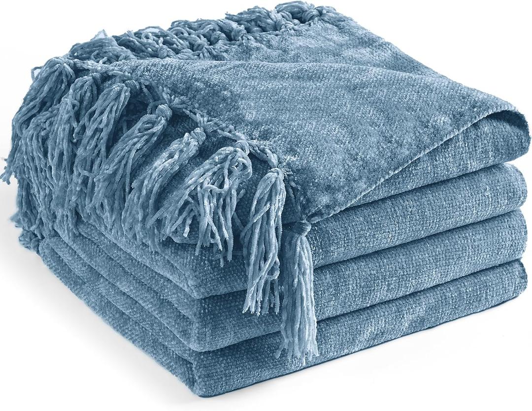 Chenille Throw Blanket for Couch 60"X 80" Twin, Soft Cozy Throws with Fringe Tassel for Bed Sofa Chair Cover, Lightweight Knitted Decorative Boho Blankets for Living Room, Dusty Blue