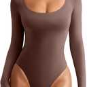 REORIA Women's Sexy Basic Scoop Neck Long Sleeve Double Lined Layering Slim Bodysuit Tops (Coffee, S)