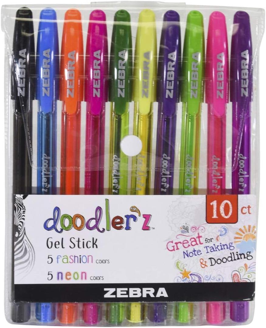 Zebra Pen, doodlerz Gel Stick Pens, 1.0mm Needle-Point Tip, Fashion and Neon Gel Ink, Vibrant Assorted Colors, Water-Based Ink, Journaling and School Pens, 10 Count Pack (41810)