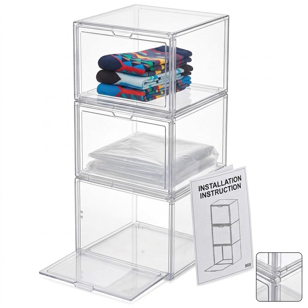 Cutora , 9-Pack Stackable Clear Acrylic Storage Bins with Front Flip Doors, Includes 9 clear storage boxes and a step-by-step assembly manual for easy setup, Length / Depth: 13.5 to 14.2 inches