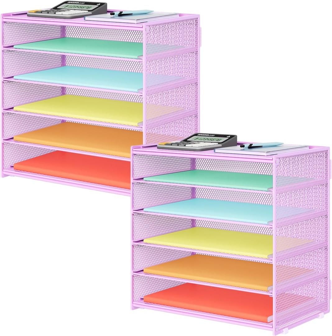 Biciyarn 2 Pack 6 Tier Paper Organizer, Metal Mesh Desk File Folder, Letter Tray Organizer, Paper Sorter Desk Organizers for Office, Home or School File Folder Holder - Purple