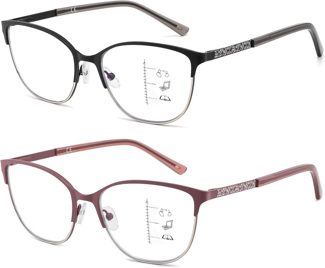 Progressive Multifocal Reading Glasses Women Cat Eye No Line Multifocus Transition Blue Light Reader Lady Metal Frame (Black & Pink)