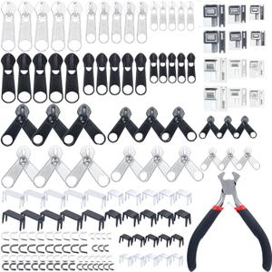 Minatee 163 Piece Zipper Repair Kit - Replacement Zippers, Sliders, Stoppers & Tools for Sewing, Luggage, Jackets, Coats, Jeans (Size 8/5/3)